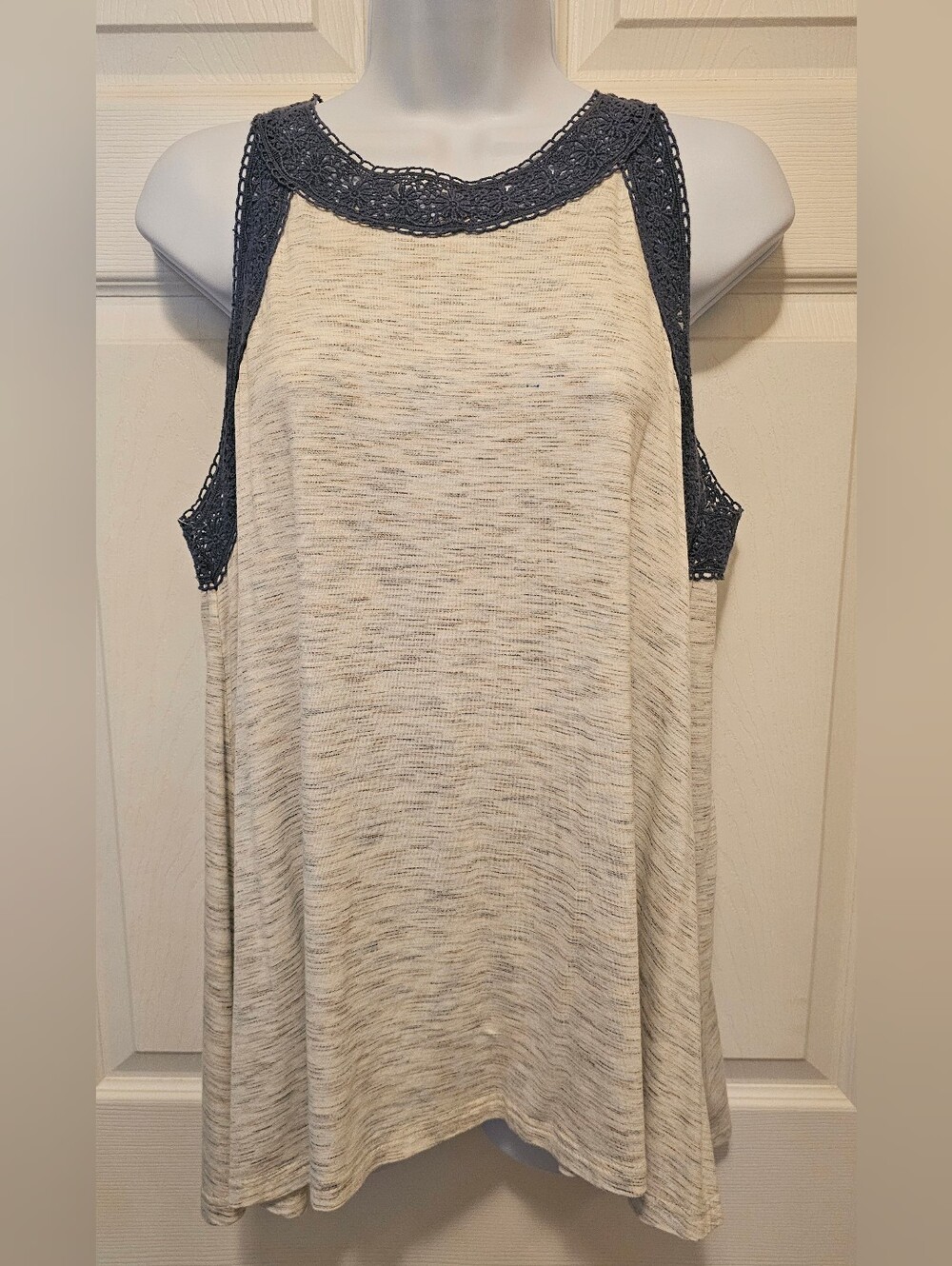Hem & Thread Cream Tank with Navy Crochet Trim